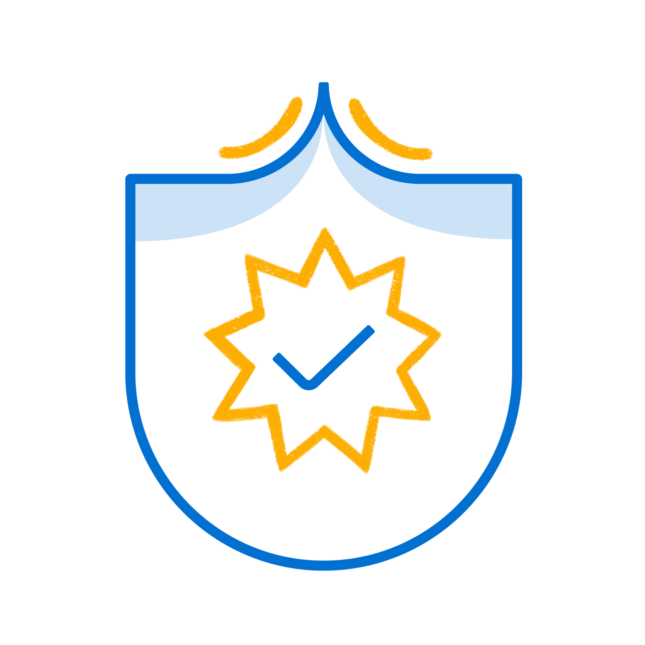 Kilp sinise kontuuriga, sees oranž tähekujuline sümbol ja sinine linnuke