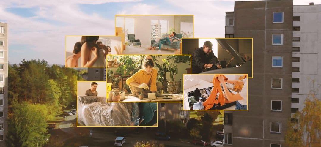 Kollaaž kuuest pildist, mis kujutavad erinevaid tegevusi elamupiirkonna taustal