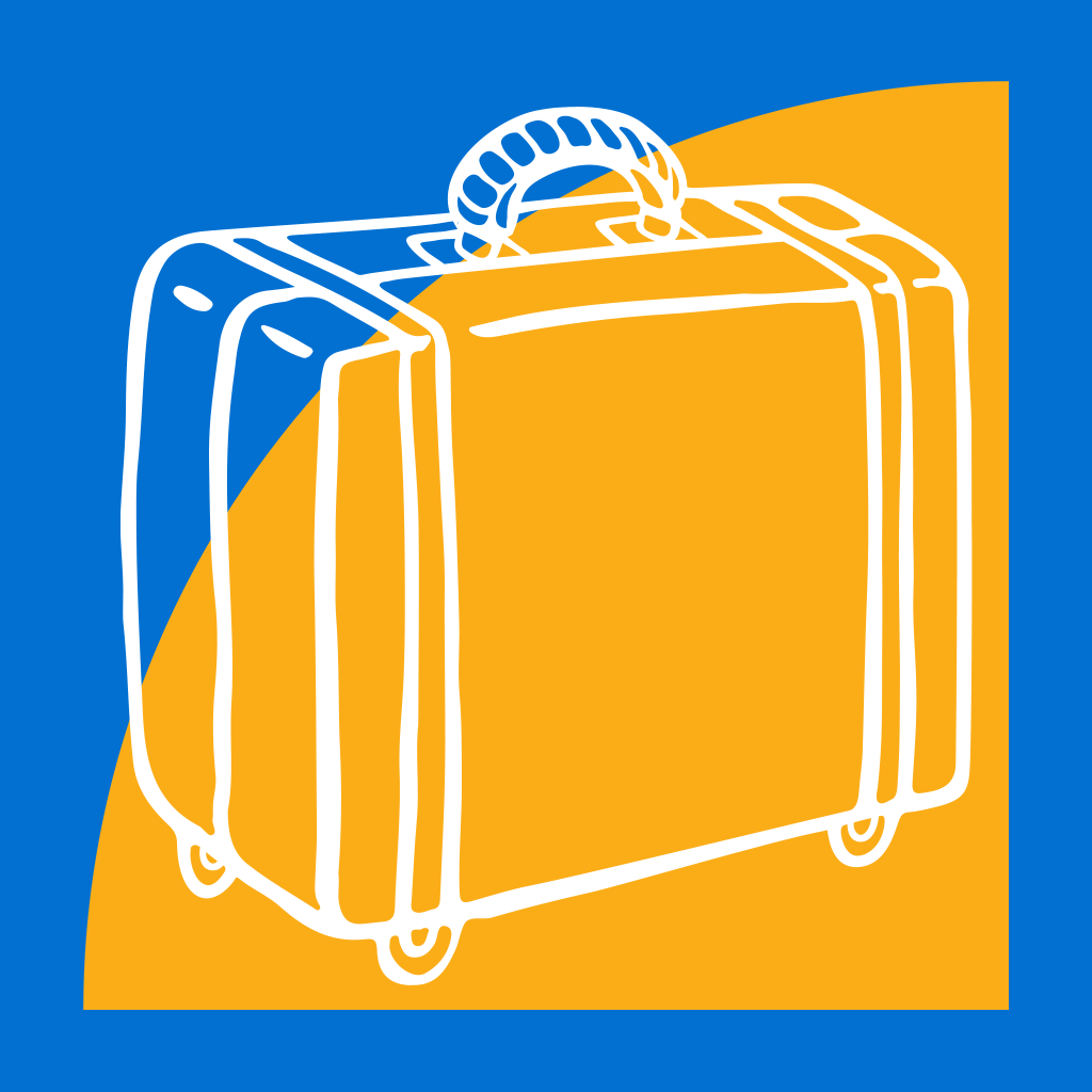Valgete joontega kohver sinisel ja oranžil taustal