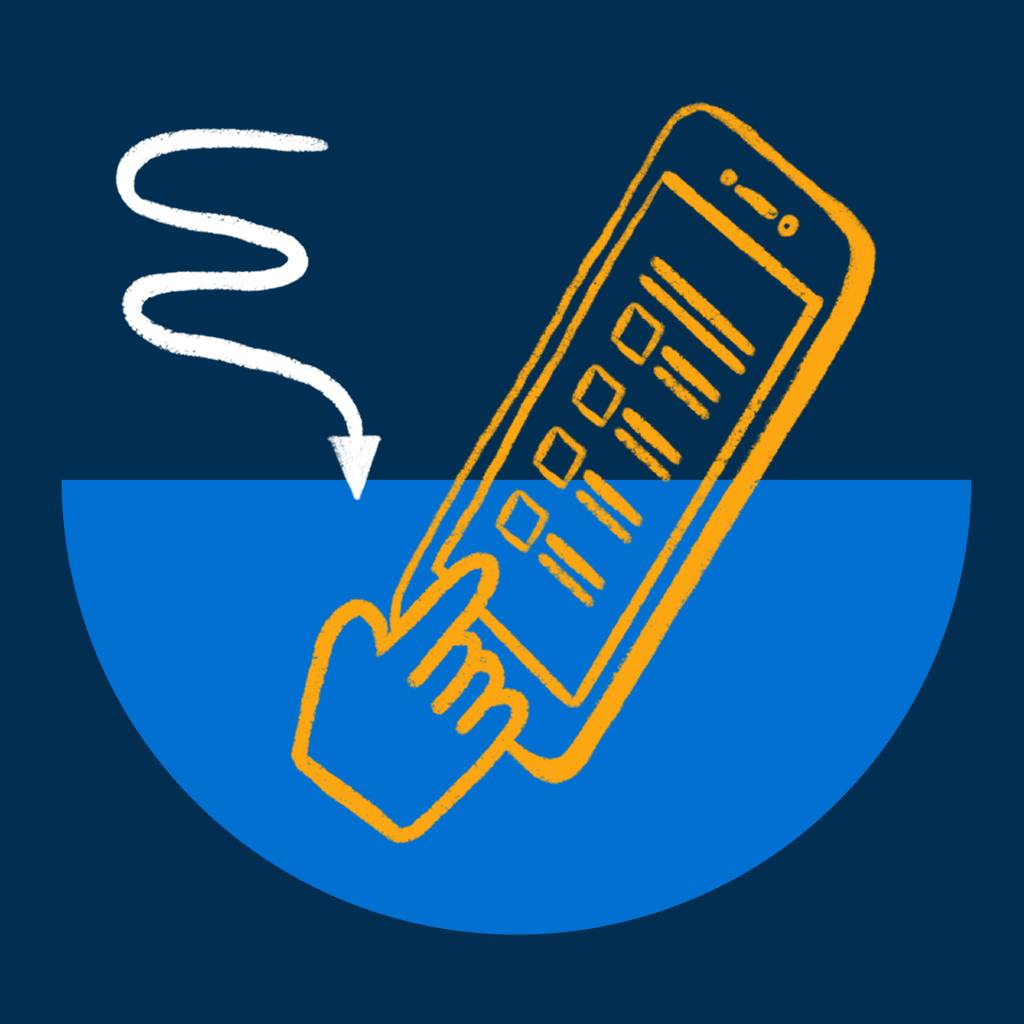 Рука указывает на смартфон с чек-листом. На фоне — стрелка и синие цвета