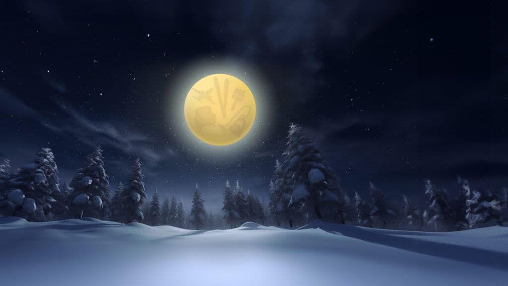 Talvine öömaastik täiskuu ja lumiste puudega