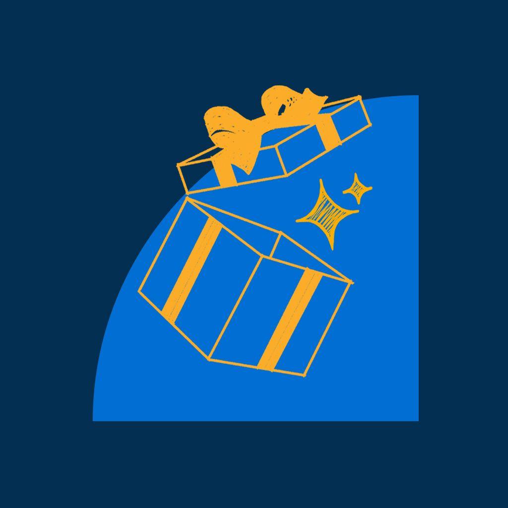 Kollane ümbrikuikoon valgel ringil, mille kõrval on paremale suunatud nool, sinisel taustal.