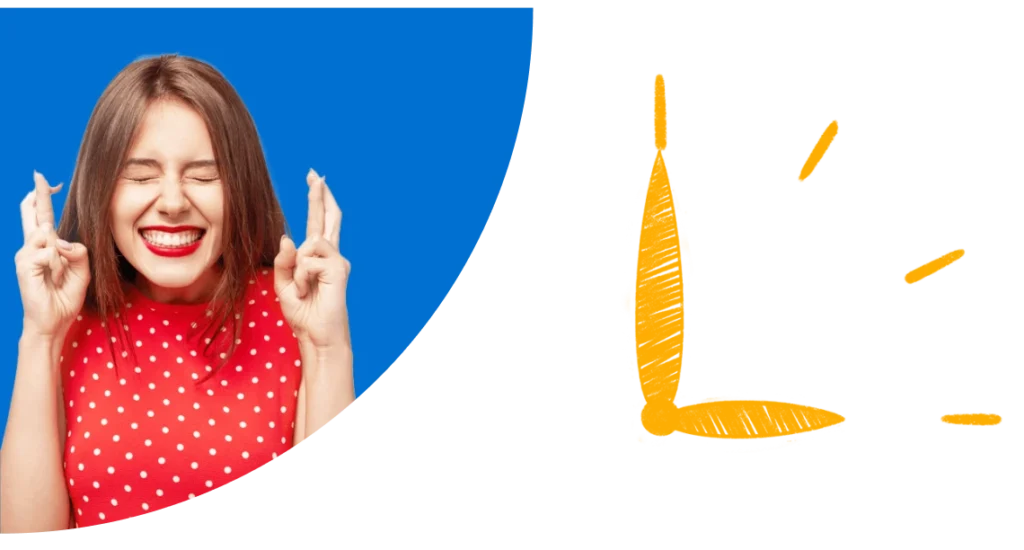 Naeratav ja suletud silmadega naine hoiab õnne nimel pöialt. Paremal on ka kella joonis.