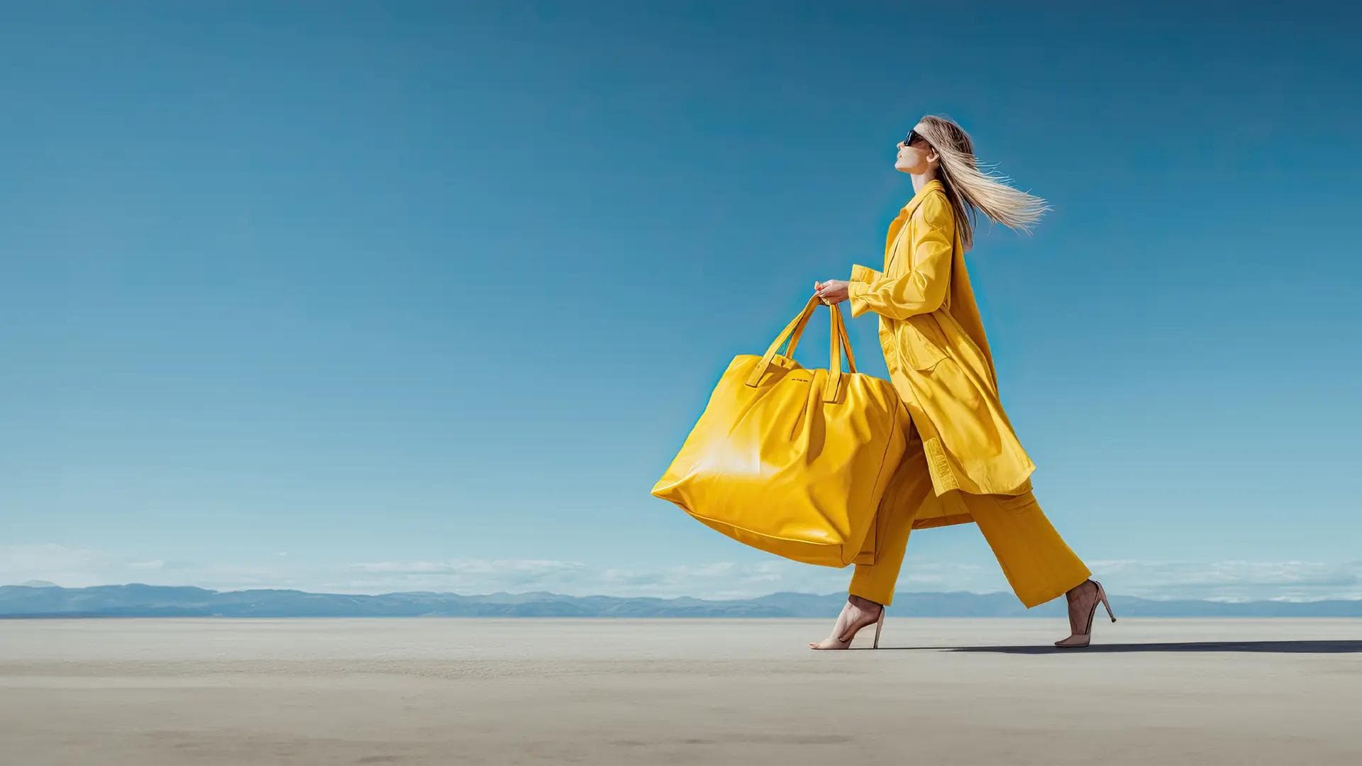 Naine kannab kollaseid riideid ja hoiab käes suurt kollast ostukotti rannas jalutades