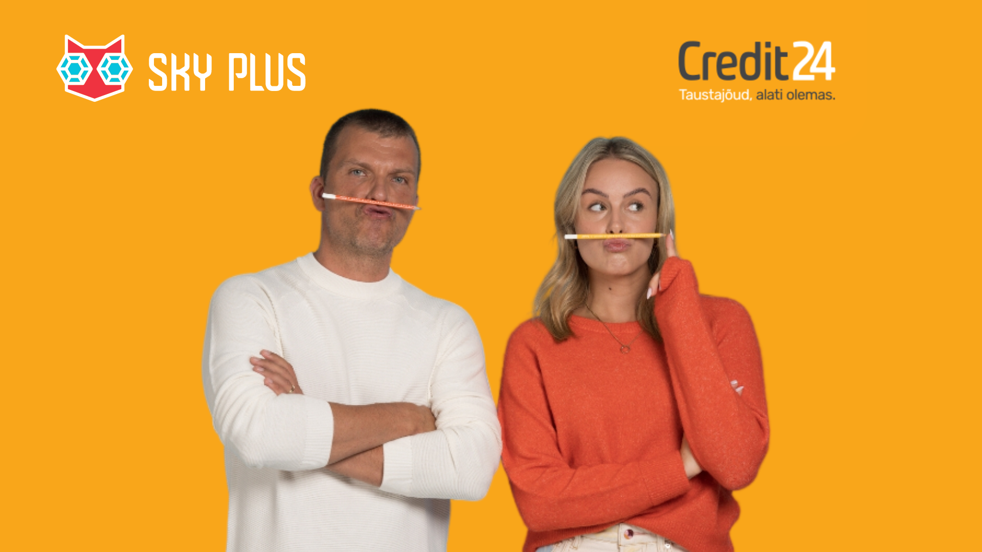 Kaks inimest seisavad oranži tausta ees, nurgas "Sky Plus" ja "Credit24" logod.