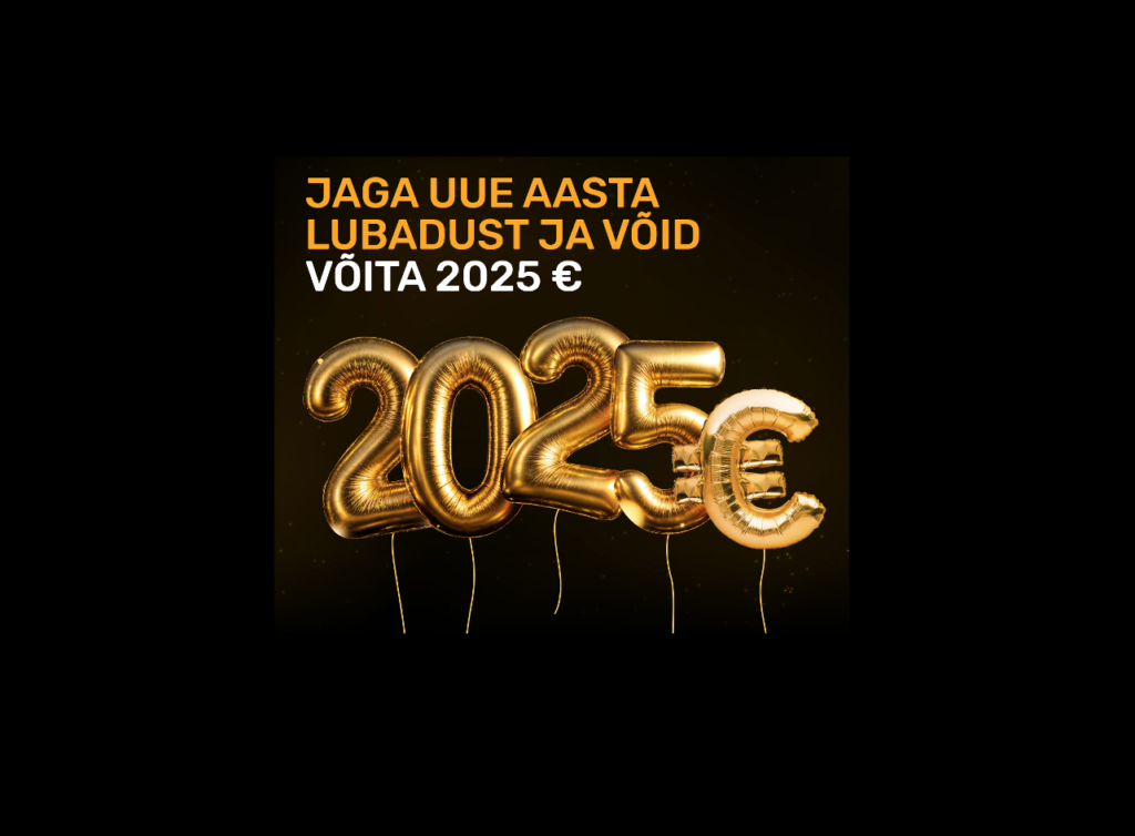 Kuldsete õhupallidega tekst '2025 €' ja loosikutse uusaastalubaduse jagamiseks